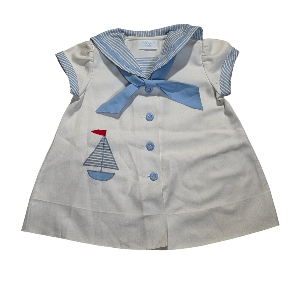 Beth Terrell by Johnston Vintage Sailor Dress White Blue Sailboat 12-18 Months